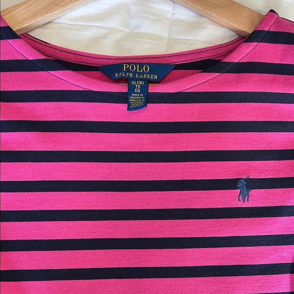 Polo Ralph Lauren Girls Preppy Fuchsia and Navy Striped Ponte Dress Size XL(16)